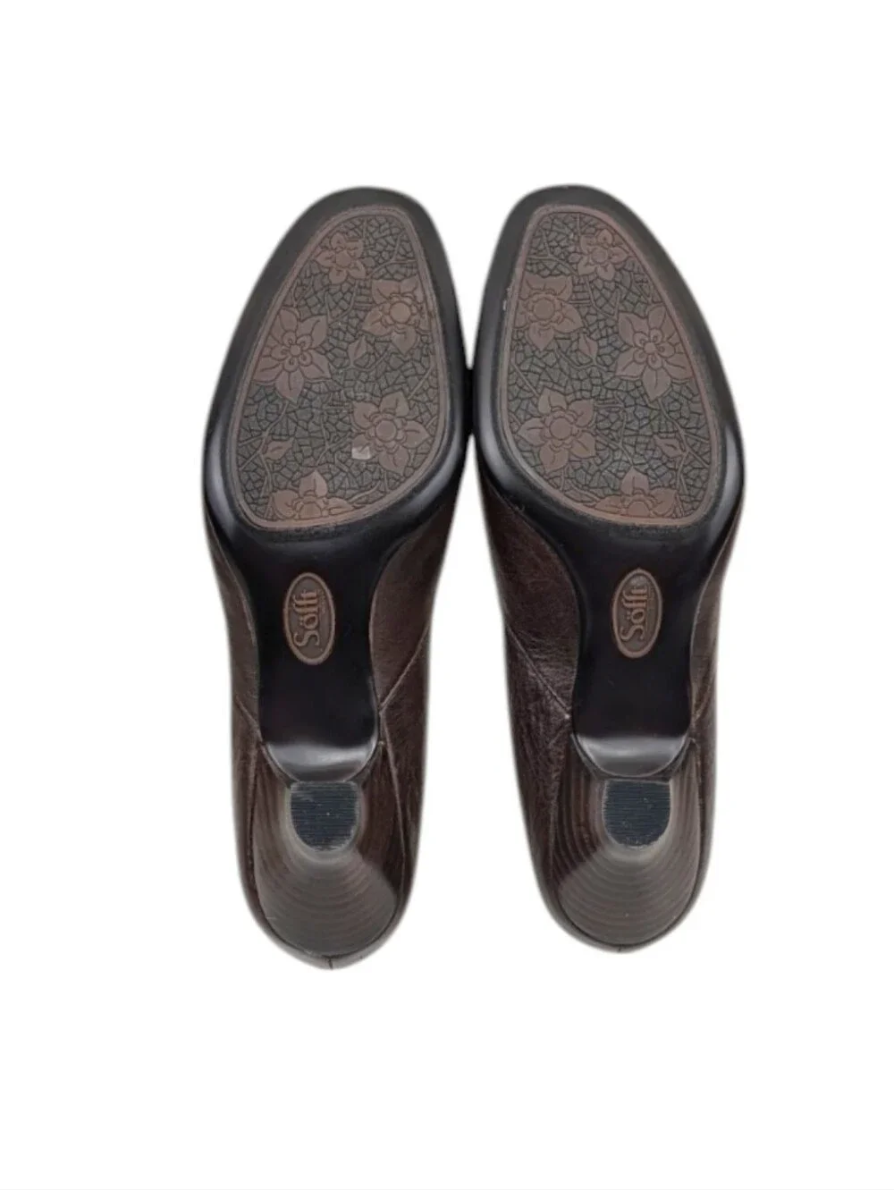 Söfft Brown Leather Kitten Heel Comfort Pumps 8W Wide Button Accent S4244